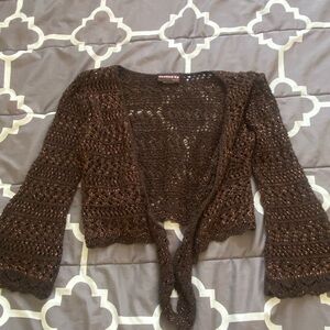 cropped brown crochet jacket with golden speckles